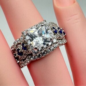 Gorgeous Sterling Silver Princess Cut CZ 3 Band Bridal Ring Set Size 6.5